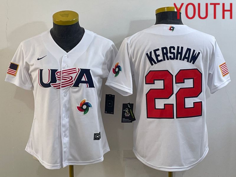 Youth 2023 World Cub USA #22 Kershaw White MLB Jersey3